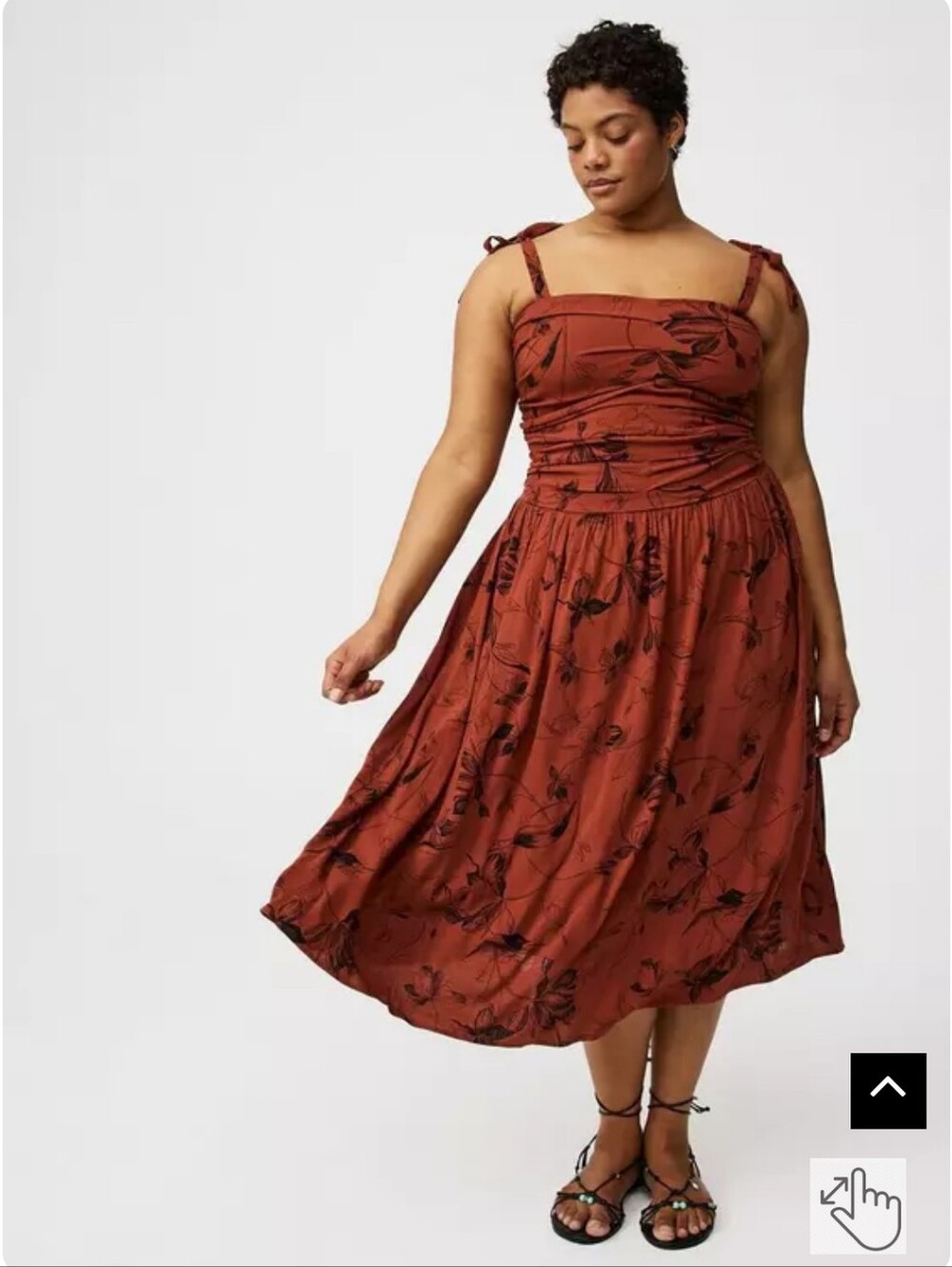 Shirred Tea Length Dress in Rust Floral